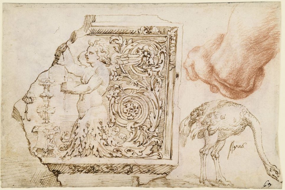 Maarten van Heemskerck, Various studies, pen and brown ink / red chalk, 136 × 210 mm. Berlin, Kupferstichkabinett, Inv. 79 D 2, fol. 50 r (Photo Staatliche Museen zu Berlin / Dietmar Katz)