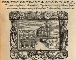 Anonymous, View of San Bernardino of L’Aquila, woodcut from: Pietro Ridolfi, Historiarum seraphicæ religionis libri tres seriem temporum continentes, quibus breui explicantur fundamenta, Venice 1586, p. 91r (© Bamberg, Staatsbibliothek, H.mon.f.33, p. 91r, urn:nbn:de:bvb:12-bsb11688803-9).