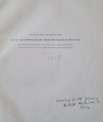 B. Degenhart, Graphologie der Handzeichnung, Kunstgeschichtliches Jahrbuch der Bibliotheca Hertziana I, 1937 (with Degenhart’s handwritten entry). B. Degenhart, Graphologie der Handzeichnung, Kunstgeschichtliches Jahrbuch der Bibliotheca Hertziana I, 1937 (with Degenhart’s handwritten entry).