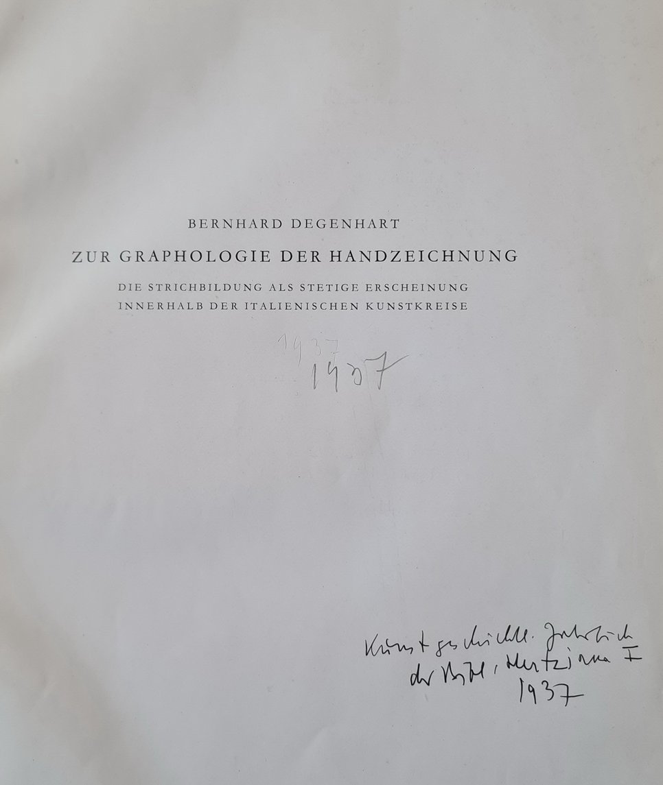 B. Degenhart, Graphologie der Handzeichnung, Kunstgeschichtliches Jahrbuch der Bibliotheca Hertziana I, 1937 (with Degenhart’s handwritten entry).
