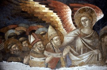 Rom, Santa Cecilia in Trastevere, Detail aus dem Weltgerichtsfresko an der Eingangswand mit den Vertretern der Klerikerstände auf der Seite der Seligen, Pietro Cavallini und Werkstatt, um 1298–1302. Rom, Santa Cecilia in Trastevere, Detail aus dem Weltgerichtsfresko an der Eingangswand mit den Vertretern der Klerikerstände auf der Seite der Seligen, Pietro Cavallini und Werkstatt, um 1298–1302.