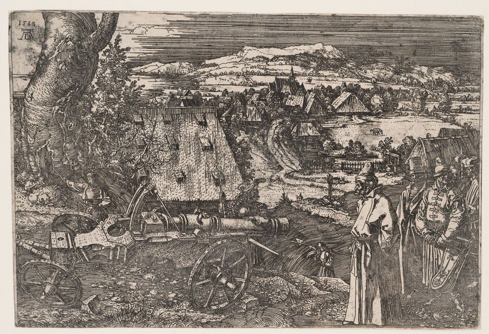 Albrecht Dürer, Landscape with a Cannon (with the rust marks), 1518, etching printed in black ink from iron plate on laid paper, 22 x 32.5 cm. Cambridge, MA. Harvard University Art Museums, Inv. G1113 (Photo Harvard University Art Museums).