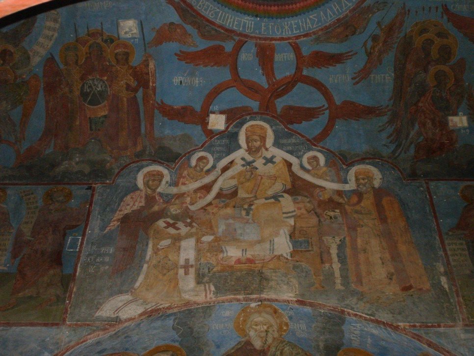 Deisis with the portrait of Peter Mogyla. Church of the Savior at Berestove. Upper register of the east wall of the inner narthex.  Fresco of 1643 under the paintings of the 19th century. Photo by Ivan Krezhenstovskyi