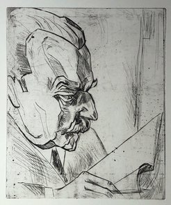 Fritz Schaefler (1888 – 1954), “Der Kunsthistoriker Heinrich Wölfflin” from the series “Die Meister”, drypoint on paper, 1920, sheet 75.6 x 53.1 cm, image 39 x 32.5 cm, private collection