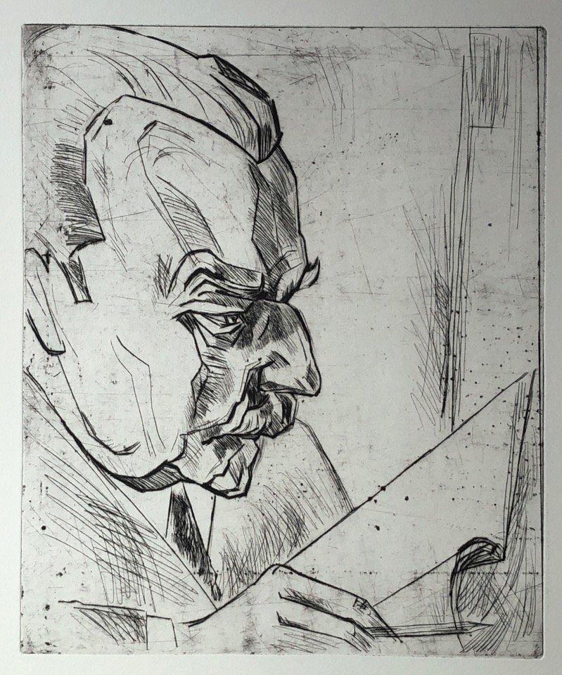 Fritz Schaefler (1888 – 1954), “Der Kunsthistoriker Heinrich Wölfflin” from the series “Die Meister”, drypoint on paper, 1920, sheet 75.6 x 53.1 cm, image 39 x 32.5 cm, private collection
