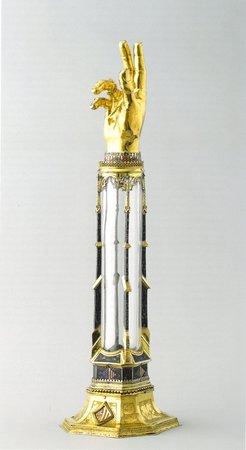 Arm Reliquary of St. Louis of Toulouse, Naples, 1336–1338, gilded silver, enamel, rock crystal, 62.5 cm high. Paris, Musée du Louvre.
