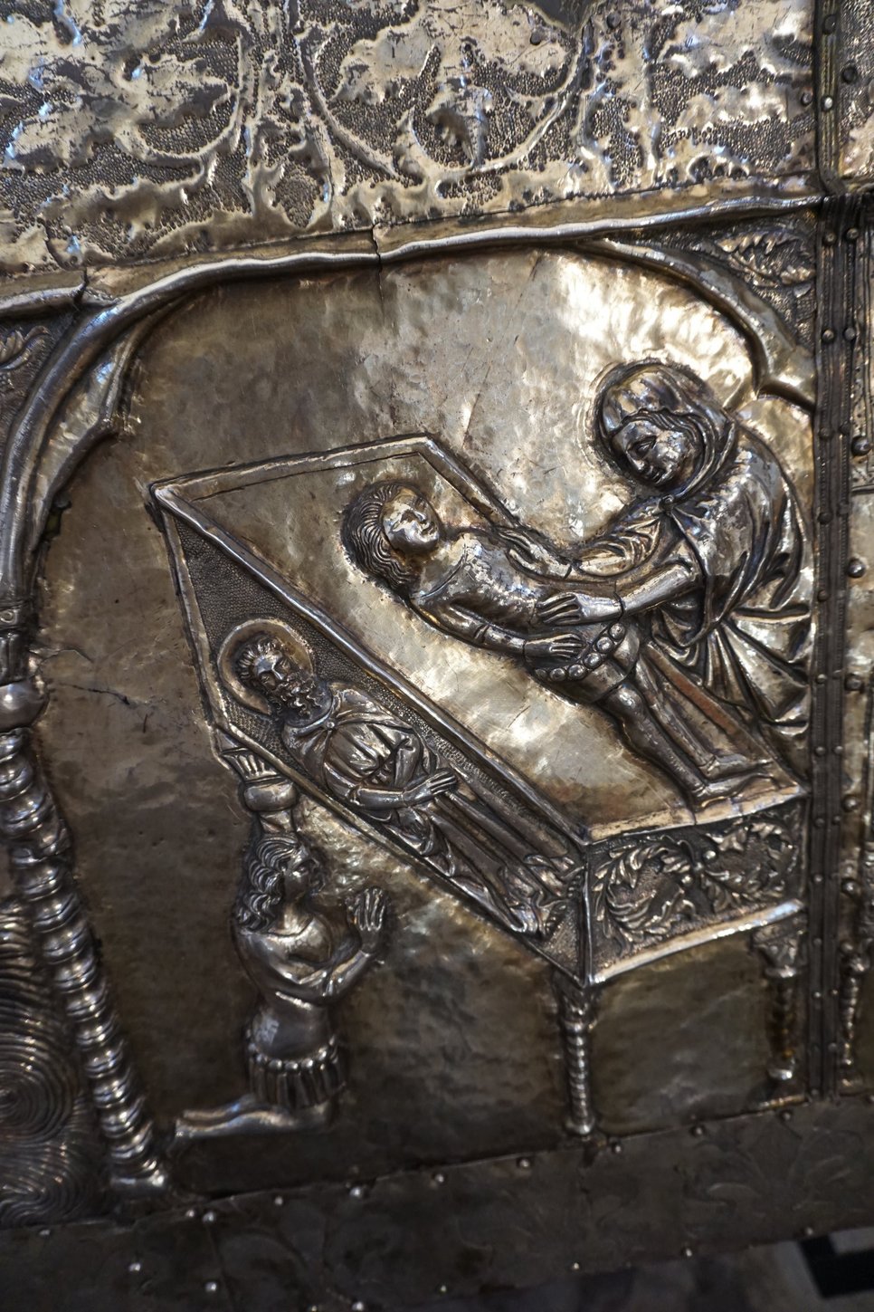 Franjo di Milano, The Casket of St. Simeon (detail), 1377-1380, gilded metal on cedarwood, Church of St. Simeon, Zadar, Croatia, photo taken by Rebecca Johnson, August 2024.