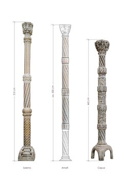 Comparative table with Easter candelabra from Campania (late 12th - early 13th c.). From left: Salerno Cathedral candelabrum; reconstructive hypothesis of the Amalfi Cathedral candelabrum (Longo-Scirocco 2021); Capua Cathedral candelabrum (graphic elaboration: Jiayao Jiang)