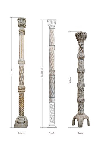 Comparative table with Easter candelabra from Campania (late 12th - early 13th c.). From left: Salerno Cathedral candelabrum; reconstructive hypothesis of the Amalfi Cathedral candelabrum (Longo-Scirocco 2021); Capua Cathedral candelabrum (graphic elaboration: Jiayao Jiang) Comparative table with Easter candelabra from Campania (late 12th - early 13th c.). From left: Salerno Cathedral candelabrum; reconstructive hypothesis of the Amalfi Cathedral candelabrum (Longo-Scirocco 2021); Capua Cathedral candelabrum (graphic elaboration: Jiayao Jiang)