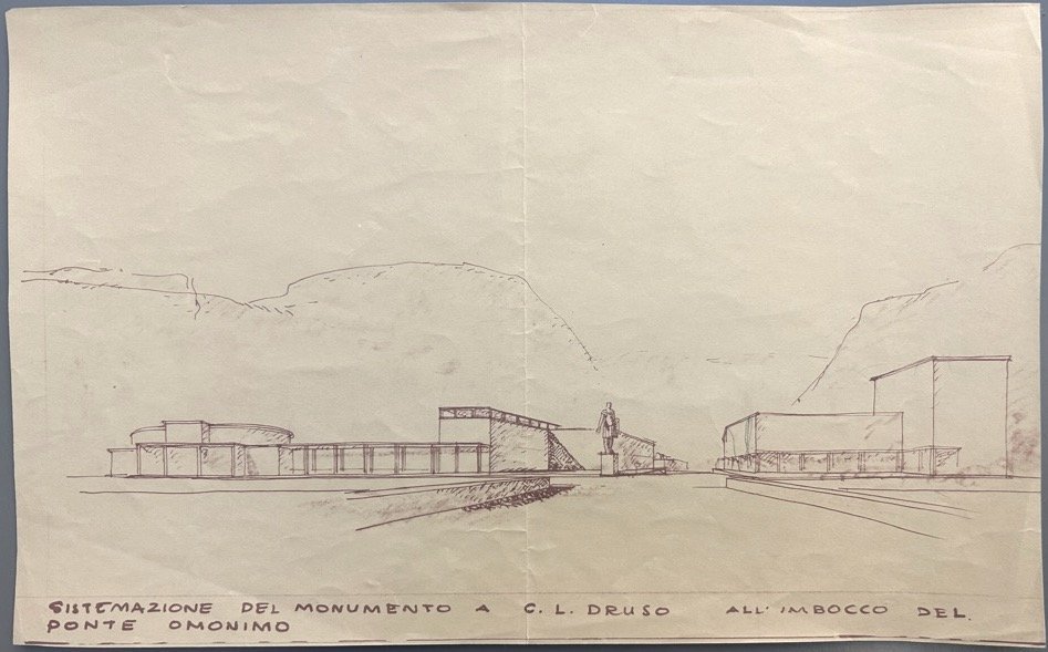 Arrangement of the monument to C.L. Druso at the entrance to the bridge of the same name (Sistemazione del monumento a C.L. Druso all'imbocco del ponte omonimo), 1930s. Stadtarchiv Bozen. Photo credit: Elisabetta Rattalino