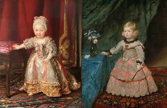 Anton Raphael Mengs, Marie-Therese von Bourbon-Sizilien, Princess of Naples, 1773, panel, 104,6 × 78,8 cm. Vienna, Kunsthistorisches Museum, Inv. GG 1640 / Diego Velázquez, Infanta Margarita in a Pink Dress, 1654, canvas, 128 × 99,6 cm. Vienna, Kunsthistorisches Museum, Inv. GG 321 Anton Raphael Mengs, Marie-Therese von Bourbon-Sizilien, Princess of Naples, 1773, panel, 104,6 × 78,8 cm. Vienna, Kunsthistorisches Museum, Inv. GG 1640 / Diego Velázquez, Infanta Margarita in a Pink Dress, 1654, canvas, 128 × 99,6 cm. Vienna, Kunsthistorisches Museum, Inv. GG 321