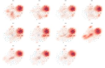 Mapping of the Bibliotheca Hertziana’s collection. The effect of the hyperparameters on the UMAP algorithm illustrated through embeddings using cosine and hamming distances for book loans. The structure of the library appears robust, with a larger cluster of books in the center and smaller ones surrounding it Mapping of the Bibliotheca Hertziana’s collection. The effect of the hyperparameters on the UMAP algorithm illustrated through embeddings using cosine and hamming distances for book loans. The structure of the library appears robust, with a larger cluster of books in the center and smaller ones surrounding it