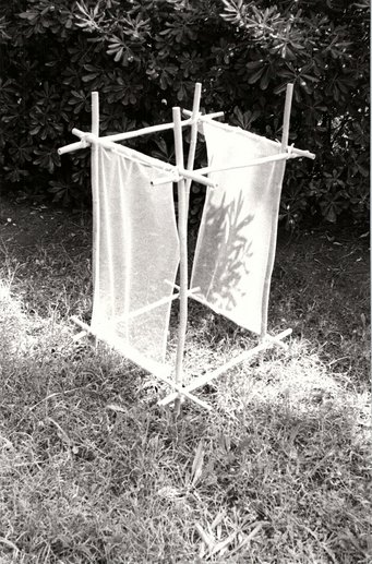 Gianfranco Baruchello, Casa di canna e veli (House of bamboo cane and veils), 1974–1975, bamboo cane, tulle and cotton ribbons, 200 x 100 x 100 cm., destroyed Gianfranco Baruchello, Casa di canna e veli (House of bamboo cane and veils), 1974–1975, bamboo cane, tulle and cotton ribbons, 200 x 100 x 100 cm., destroyed