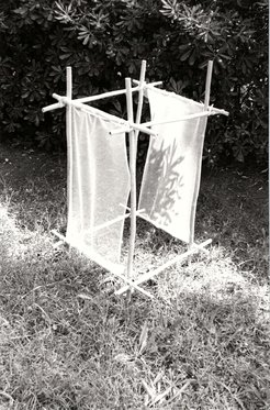 Gianfranco Baruchello, Casa di canna e veli (House of bamboo cane and veils), 1974–1975, bamboo cane, tulle and cotton ribbons, 200 x 100 x 100 cm., destroyed
