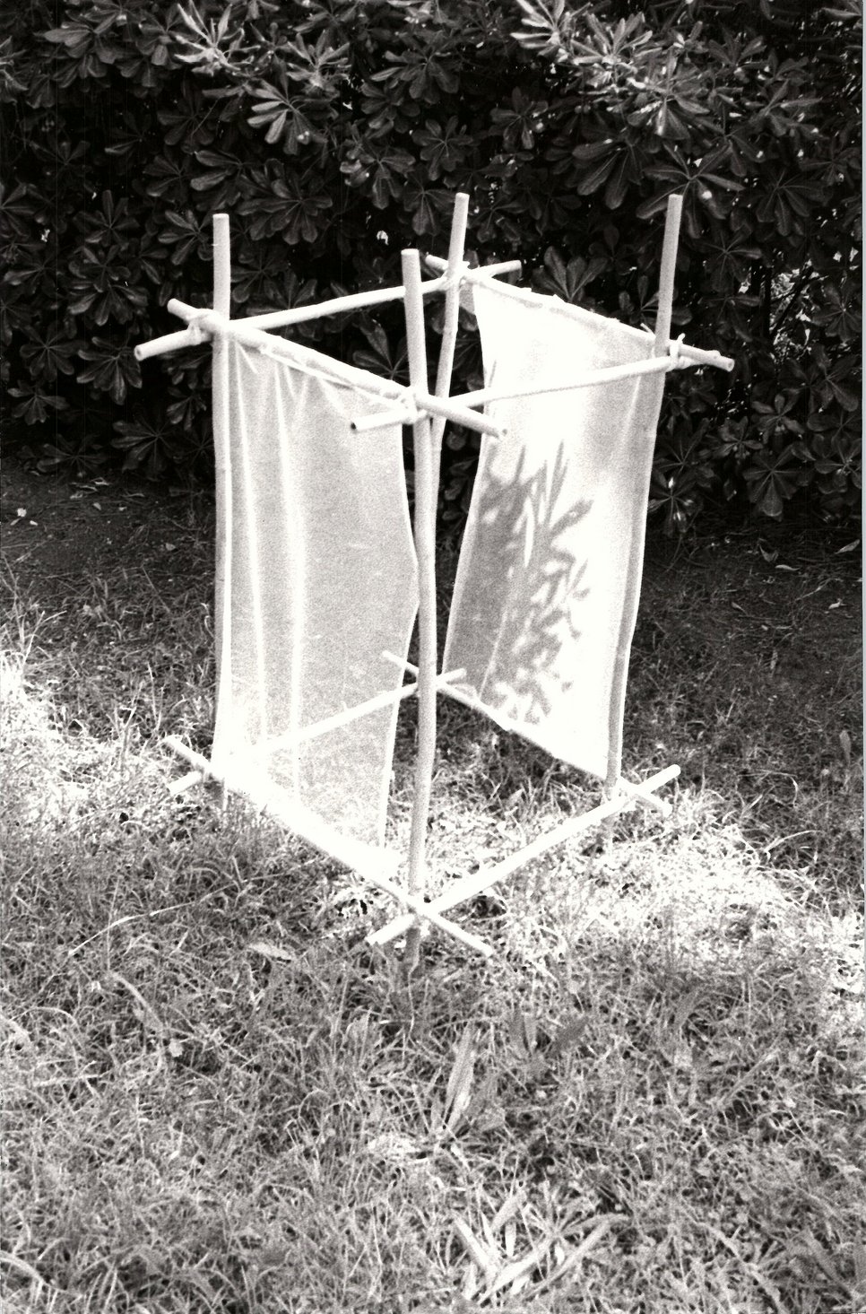 Gianfranco Baruchello, Casa di canna e veli (House of bamboo cane and veils), 1974–1975, bamboo cane, tulle and cotton ribbons, 200 x 100 x 100 cm., destroyed