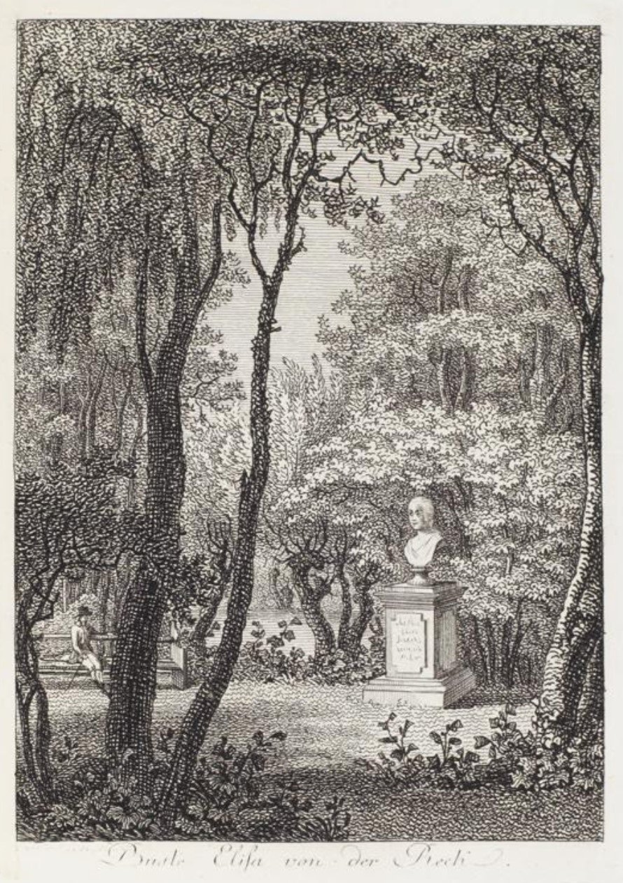 Bust of Elisa von der Recke in the garden of Seiferdorfer Schloss near Dresden, etching by Wilhelm Gottlieb Becker, Wikimedia Commons