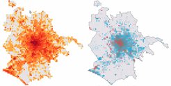 Public Flickr photo density in Rome (left) by locals versus tourists (right, blue to red) 2005 to 2023 (Image: Ksenia Mukhina & Maximilian Schich, 2024, CC-BY)