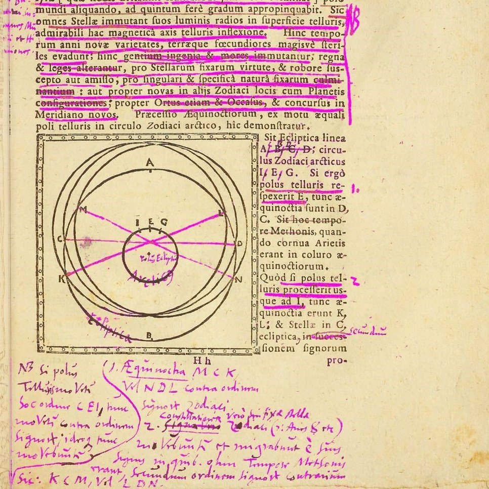 Example page crop with seventeenth-century reader annotations (highlighted in pink), HAB Wolfenbüttel