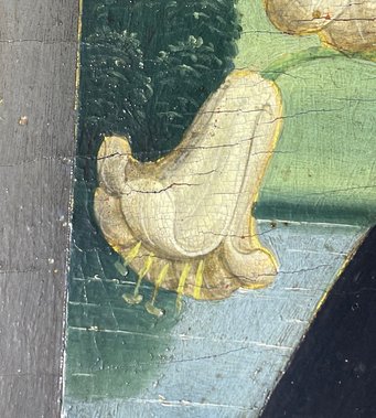 Detail of altarpiece with lily painted by Guido di Pietro, called Fra Angelico; stamen extensions, lake background and shore painted by Lorenzo di Credi. ca. 1420/ca. 1501. San Domenico, Fiesole, Italy. Photograph by Annika Finne Detail of altarpiece with lily painted by Guido di Pietro, called Fra Angelico; stamen extensions, lake background and shore painted by Lorenzo di Credi. ca. 1420/ca. 1501. San Domenico, Fiesole, Italy. Photograph by Annika Finne