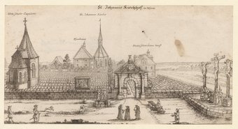 The Nuremberg Johannes Cemetery from East with Mount Calvary and the Seventh Station of the Cross by Adam Kraft, etching by Johann Alexander Boener, Nürnberg, um 1700, Stadtarchiv Nürnberg E 13/II Nr. G 144. The Nuremberg Johannes Cemetery from East with Mount Calvary and the Seventh Station of the Cross by Adam Kraft, etching by Johann Alexander Boener, Nürnberg, um 1700, Stadtarchiv Nürnberg E 13/II Nr. G 144.