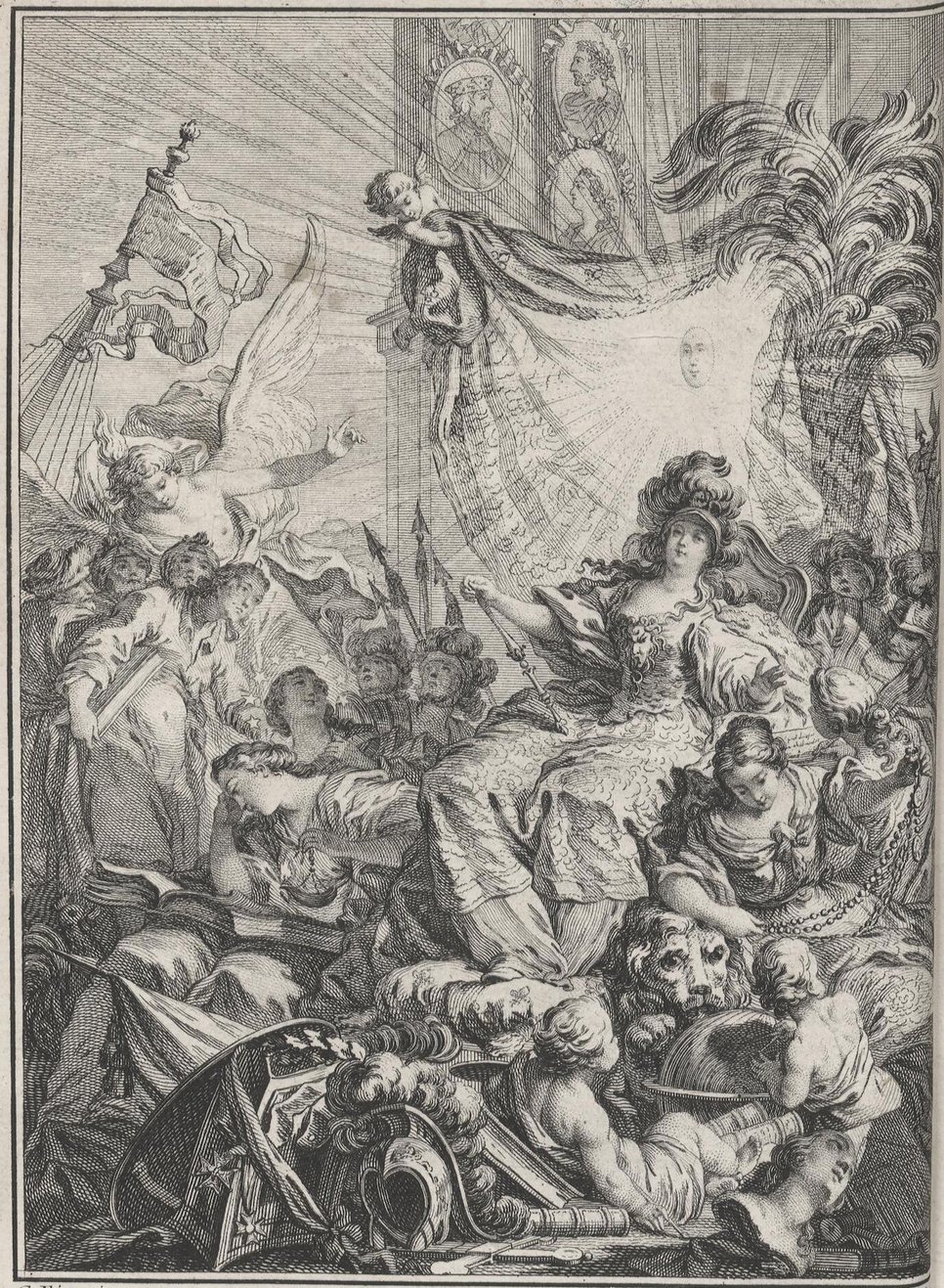 Charles Eisen (design), Dominique Sornique (engraving), Frontispiece, L' Europe Illustre: Contenant L'Histoire Abrégée Des Souverains, des Princes, des Prélats, des Ministres, des grands Capitaines, des Magistrats, des Savans, des Artistes, & des Dames célèbres en Europe, vol. 1, Paris 1777. Photo: https://doi.org/10.11588/diglit.53587#0008 (Universitätsbibliothek, Heidelberg; Heidelberger historische Bestände – digital).