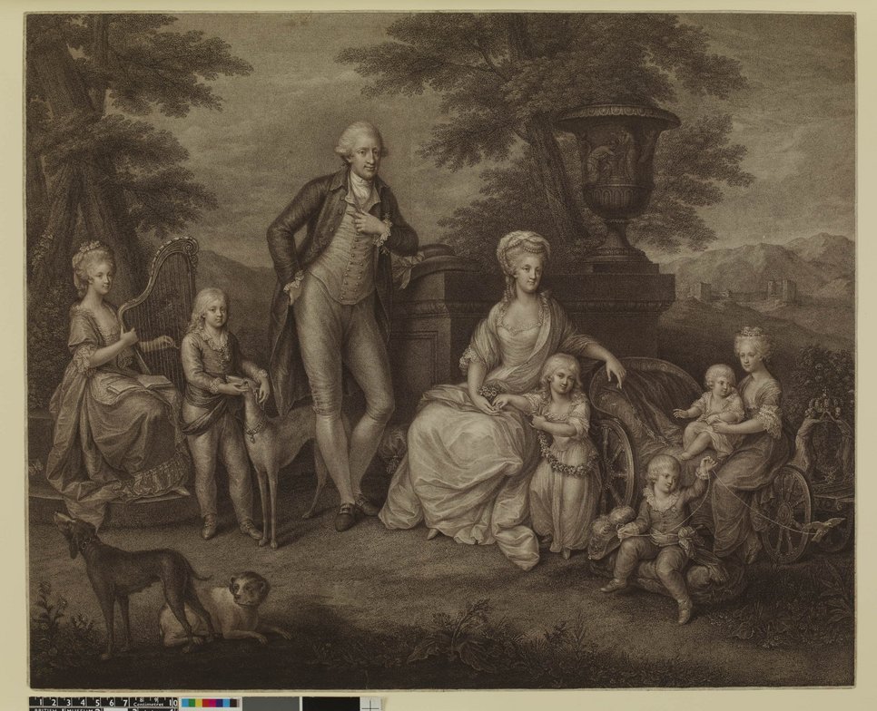 Mariano Bovi (after Angelika Kauffmann), portrait of Ferdinand IV. and Maria Carolina of Naples-Sicily with their children, 1790, etching, London, British Museum © The Trustees of the British Museum.