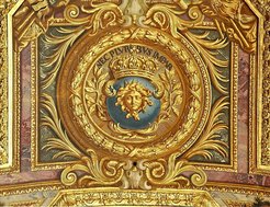 Charles Le Brun, Symbol of Louis XIV and his motto (ca. 1678-1684). Ceiling of the Hall of Mirrors in the Palace of Versailles, France. Source: https://commons.wikimedia.org/wiki/File:Nec_pluribus_impar_ceiling_galerie_des_glaces_versailles.jpg