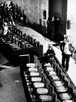 Fabio Mauri and Pier Paolo Pasolini at the rehearsals for Che cosa è il fascismo (What is fascism), 1971, Stabilimenti Safa Palatino, Roma ©Fotografia: Elisabetta Catalano Courtesy of the Estate of Fabio Mauri and Hauser & Wirth