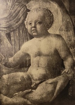 Riproduzione di un particolare dell’opera Sant’Anna, la Madonna col Bimbo e cinque angeli (1424-1425 c.) di Masolino e Masaccio (Galleria degli Uffizi) nel libro Masaccio (1932) Mario Salmi, ed. Valori Plastici; Bibliotheca Hertziana – Istituto Max Planck per la storia dell‘arte; Roma