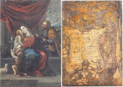 Recto: Anonymous Italian artist, Virgin and Child with St Joseph and the Infant St John the Baptist, c. 1640, oil on copper; verso: Raffaello Schiaminossi, Title-page to the Twelve Caesars, 1606, etched copperplate, trimmed, 41.5 x 29.7 cm