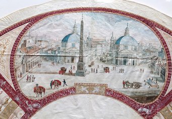 Vincenzo Brenna, Piazza del Popolo, Rome. Ca. 1770. Fan decoration (fragment). Gouache and watercolor on paper. Private collection Vincenzo Brenna, Piazza del Popolo, Rome. Ca. 1770. Fan decoration (fragment). Gouache and watercolor on paper. Private collection
