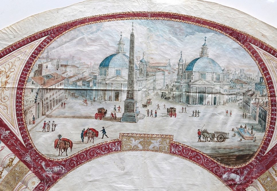 Vincenzo Brenna, Piazza del Popolo, Rome. Ca. 1770. Fan decoration (fragment). Gouache and watercolor on paper. Private collection