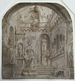 Maarten van Heemskerck, courtyard of statues at the Casa Sassi, Berlin, Kupferstichkabinett