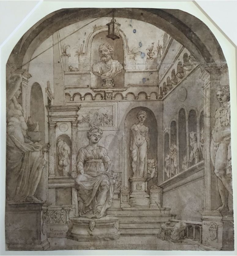 Maarten van Heemskerck, courtyard of statues at the Casa Sassi, Berlin, Kupferstichkabinett