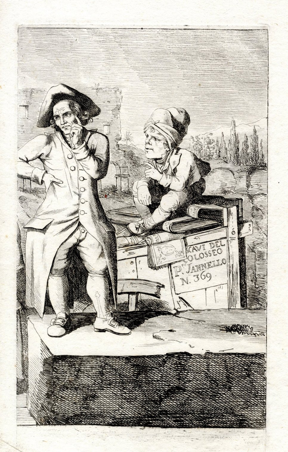 Bartolomeo Pinelli (attributed), Caricature of Abate Carlo Fea, Etching, third state, detail of a cartoon formerly twice as large about the excavations of the Arena of the Colosseum (after 1813), Biblioteca dell'Accademia di architettura, Mendrisio – Università della Svizzera italiana