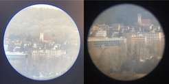 Two contemporary telescopes yielded theses images of roughly the same target in Konstanz, Germany as viewed from Tägerwilen, Switzerland, 4 km away. Both telescopes, made ca. 1750-1760, come from the Willach collection: surprisingly, the achromat (by John Dollond, #27121) produces the image on the left, whereas the pre-achromat (by James Ayscough, #27125) gives the one on the right. Photographs by the author