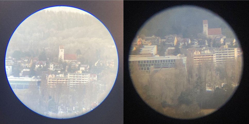 Two contemporary telescopes yielded theses images of roughly the same target in Konstanz, Germany as viewed from Tägerwilen, Switzerland, 4 km away. Both telescopes, made ca. 1750-1760, come from the Willach collection: surprisingly, the achromat (by John Dollond, #27121) produces the image on the left, whereas the pre-achromat (by James Ayscough, #27125) gives the one on the right. Photographs by the author