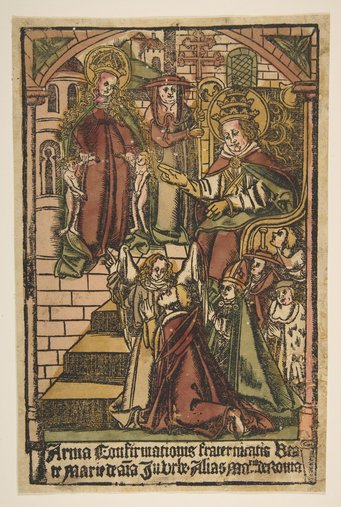Anonymous, Commemorative single-leaf print of the Anima confraternity, after 1504, hand-colored woodcut, 259 x 167 mm. New York, The Metropolitan Museum of Art, inv. 31.54.157 (photo public domain metmuseum.org) Anonymous, Commemorative single-leaf print of the Anima confraternity, after 1504, hand-colored woodcut, 259 x 167 mm. New York, The Metropolitan Museum of Art, inv. 31.54.157 (photo public domain metmuseum.org)