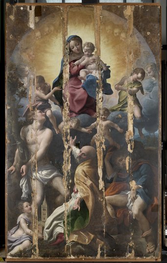 Correggio, Madonna of Saint Sebastian, ca. 1524, during restoration, oil on poplar, 265 x 161 cm, Gemäldegalerie Alte Meister, Staatliche Kunstsammlungen Dresden, Gal.-Nr. 151. Photo: Herbert Boswank Correggio, Madonna of Saint Sebastian, ca. 1524, during restoration, oil on poplar, 265 x 161 cm, Gemäldegalerie Alte Meister, Staatliche Kunstsammlungen Dresden, Gal.-Nr. 151. Photo: Herbert Boswank