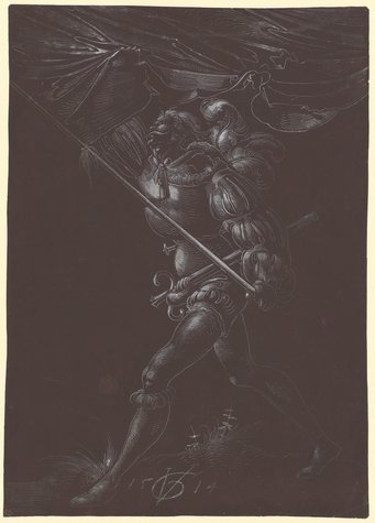 Urs Graf, Standard-bearer, 1514, pen and white ink on paper prepared with a dark brown ground, 30.8 x 21.8 cm. Kunstmuseum Basel, Kupferstichkabinett, Inv. U.XVI.51. Photo: Kunstmuseum Basel. https://sammlungonline.kunstmuseumbasel.ch/eMP/eMuseumPlus?service=ExternalInterface&module=collection&objectId=16532&viewType=detailView Urs Graf, Standard-bearer, 1514, pen and white ink on paper prepared with a dark brown ground, 30.8 x 21.8 cm. Kunstmuseum Basel, Kupferstichkabinett, Inv. U.XVI.51. Photo: Kunstmuseum Basel. https://sammlungonline.kunstmuseumbasel.ch/eMP/eMuseumPlus?service=ExternalInterface&module=collection&objectId=16532&viewType=detailView