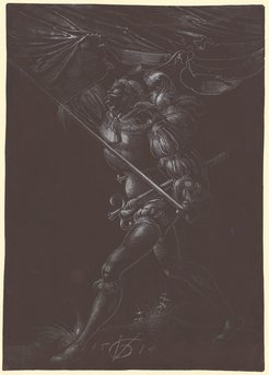 Urs Graf, Standard-bearer, 1514, pen and white ink on paper prepared with a dark brown ground, 30.8 x 21.8 cm. Kunstmuseum Basel, Kupferstichkabinett, Inv. U.XVI.51. Photo: Kunstmuseum Basel. https://sammlungonline.kunstmuseumbasel.ch/eMP/eMuseumPlus?service=ExternalInterface&module=collection&objectId=16532&viewType=detailView