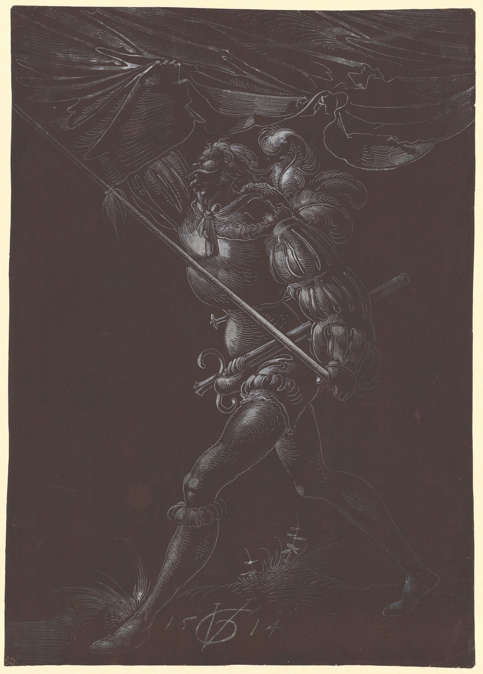 Urs Graf, Standard-bearer, 1514, pen and white ink on paper prepared with a dark brown ground, 30.8 x 21.8 cm. Kunstmuseum Basel, Kupferstichkabinett, Inv. U.XVI.51. Photo: Kunstmuseum Basel. https://sammlungonline.kunstmuseumbasel.ch/eMP/eMuseumPlus?service=ExternalInterface&module=collection&objectId=16532&viewType=detailView